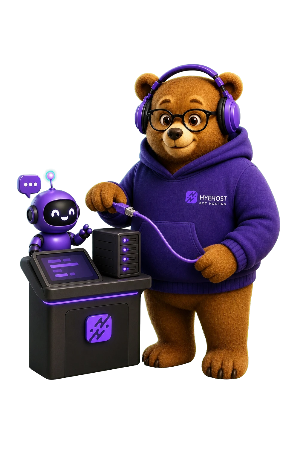 HYEHOST bot hosting mascot with a robot and hosting console