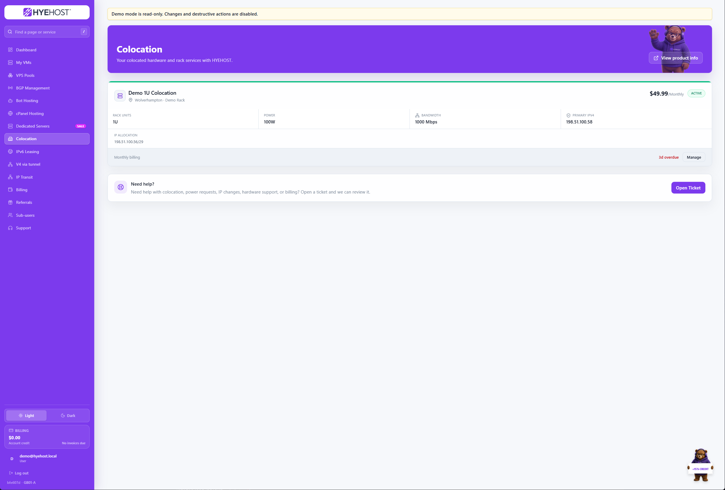 HYEHOST panel showing a colocation service